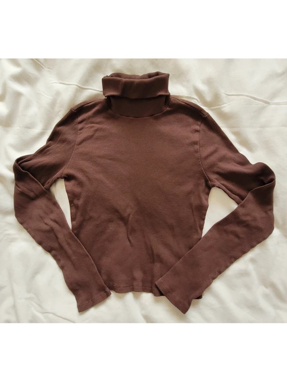 Ambiance Women's Large Brown Ribbed Turtleneck Long Sleeve Fitted Crop Top